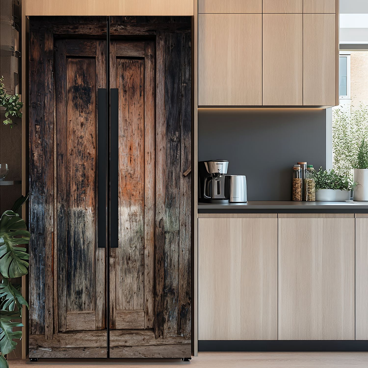 Self Adhesive Vinyl Refrigerator Wrap Set Wooden Door Mural Removable Fridge Sticker Peel and Stick&nbsp;Full Door Cover Decal Kitchen Bar Decor