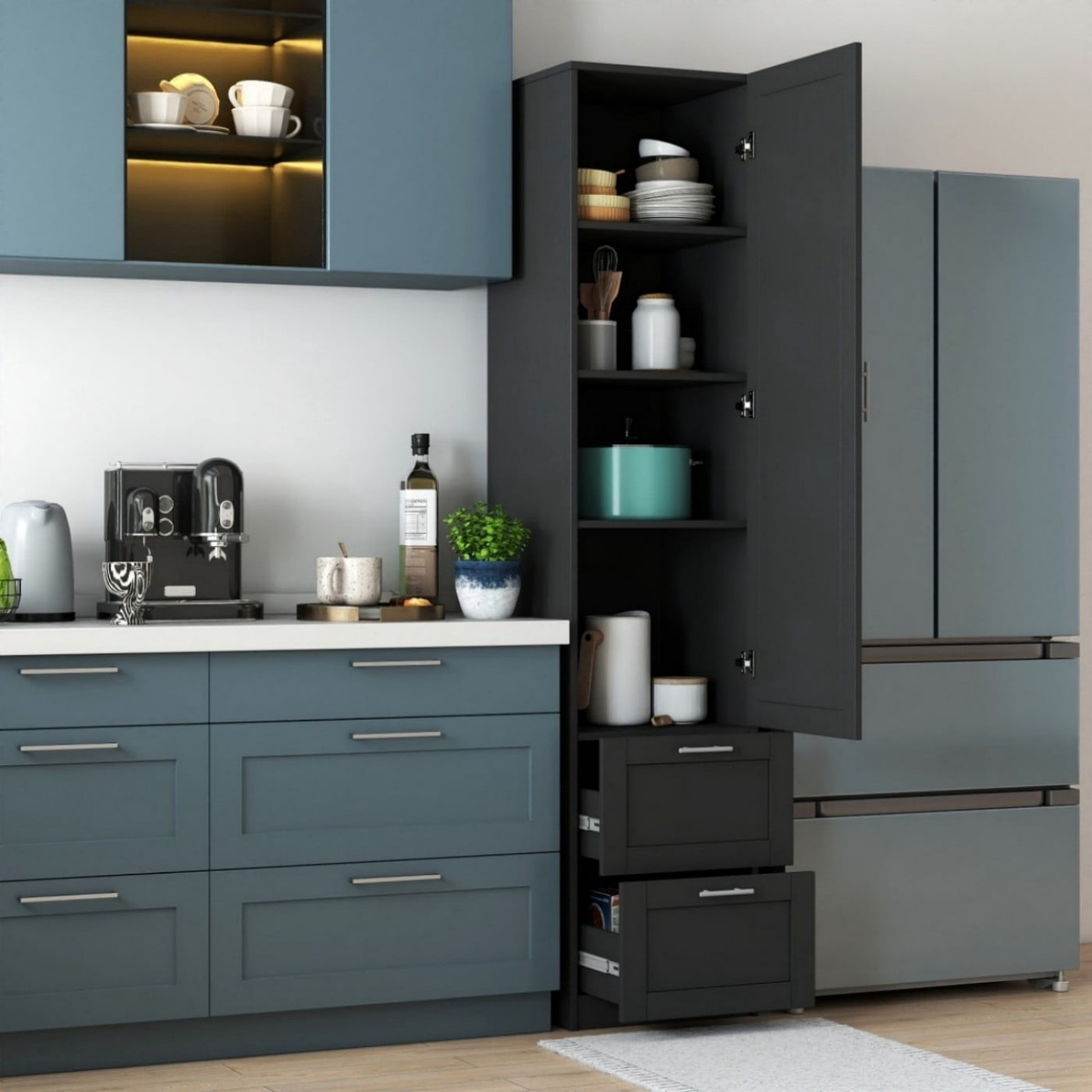 Kitchen Pantry Cabinet, Tall Freestanding Storage Cabinet with Door & 2 Drawers, Adjustable Shelves Organizer for Kitchen, Dining Room, Living Room, Black
