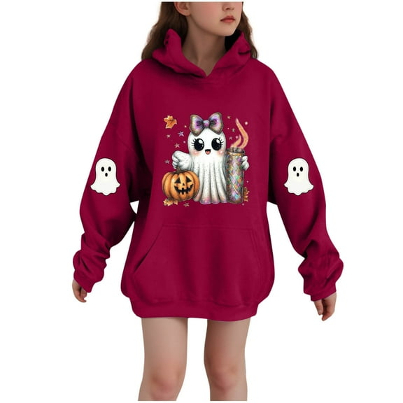 SERTG Children Halloween Printed Hooded Tops Long Sleeved Sweatshirt with Pockets Fleece Top Hooded Sweatshirt for Girls 3-14 Years(Red,3-4 Years)