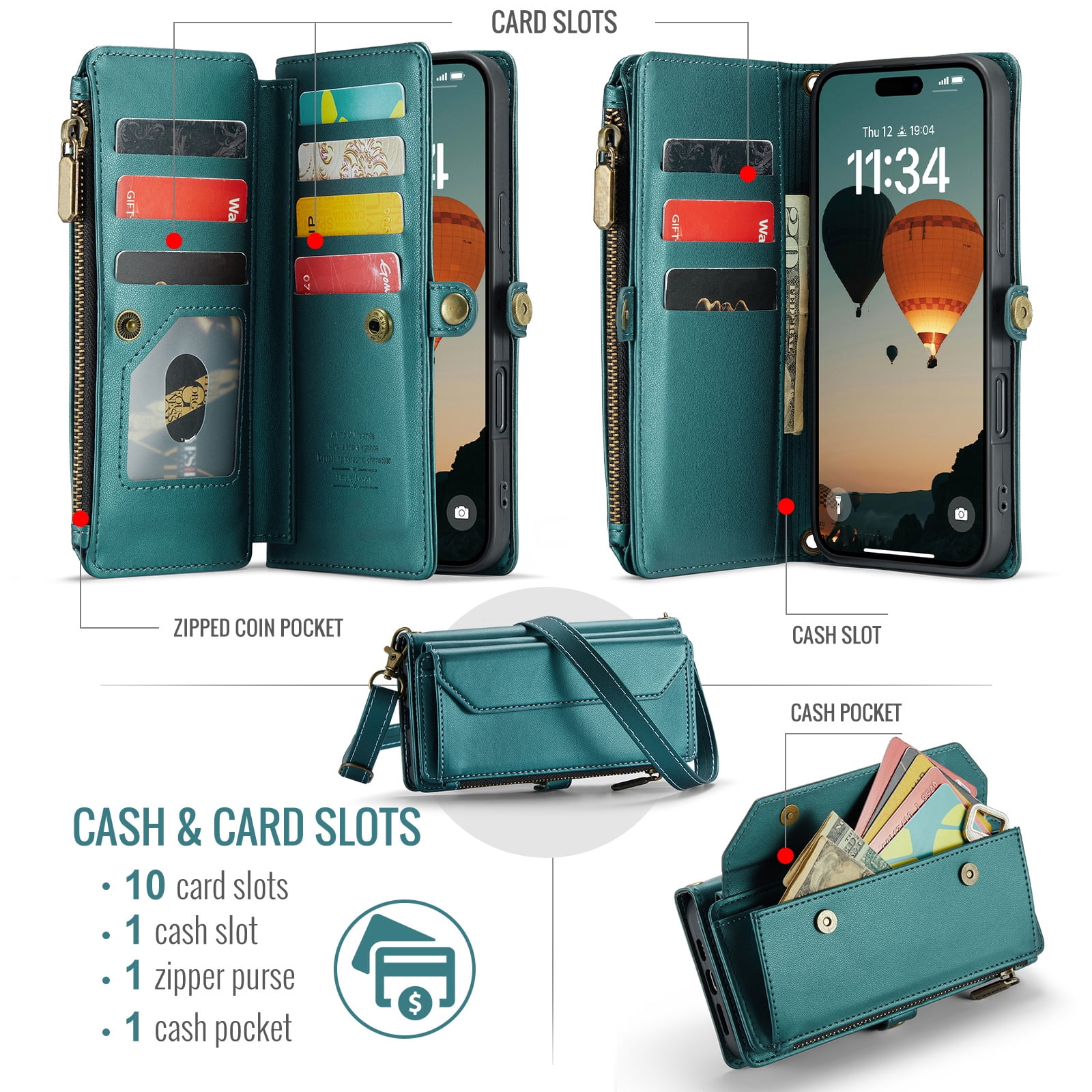 Asuwish Compatible with iPhone 17 Air 6.5 inch Zipper Wallet Phone Case Tempered Glass Screen Protector Crossbody Lanyard Strap Flip Card Holder Slot Cell Cover for i Phone17Air 17Case Women Green