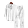 thumbnail image 2 of khonts,Men's 2 Piece Linen Sets Solid Color Long Sleeve Button Down Lapel Shirts and Long Pants Summer Casual Beach Outfits White XL, 2 of 3