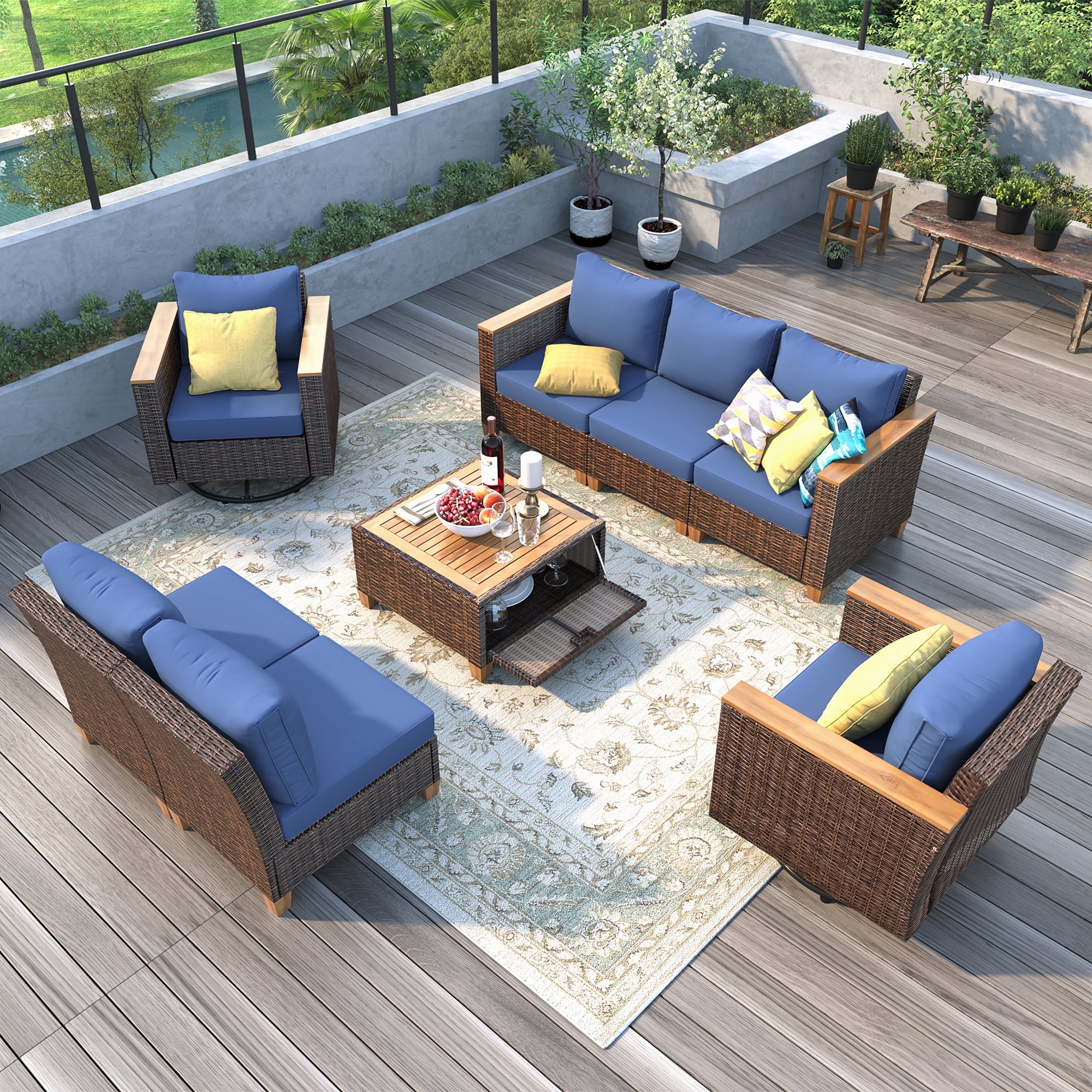 8-PCS Outdoor Patio Furniture Set with Swivel Rocking Chairs, Wicker Sectional Sofa Set with 4" Thick Cushions & Acacia Storage Table, All-Weather Rattan Conversation Set for Backyard, Patio, Blue