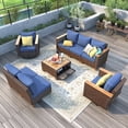 thumbnail image 3 of Harper & Bright Designs Wicker Outdoor Patio Furniture Set for 7 with Acacia Storage Table, Patio Rattan Conversation Set with 2 Swivel Rocking Chairs Set and 3 Seater Sofa & Loveseat, Blue+Brown, 3 of 18