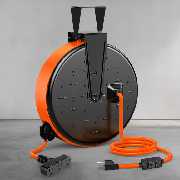 DEWENWILS 30FT Extension Cord Reel, 16/3 Gauge SJTW Power Cord, Retractable Cord Reel with 3 Outlets, Ceiling/Wall Mount for Garage, Workshop, 10A Circuit Breaker, Metal Plate, UL Listed, orange