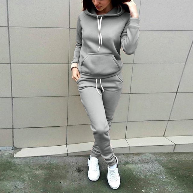 Ensembles pour Femmes Liquidation 2 Pcs Femme Tendance Col Rond Uni Blouse à Manches Longues + Pantalon Ample Ensembles Gris L