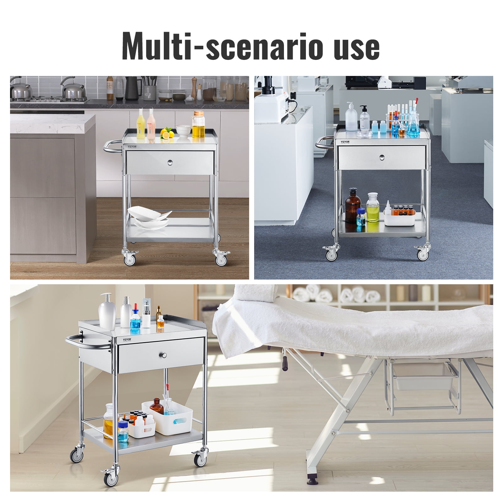 BENTISM 2-Tier Lab Cart Stainless Steel Cart Utility Rolling Cart Mobile Lab Utility Cart with A Drawer & 3 Shelves 220 lbs Catering Dental Utility Cart Dolly Restaurant 28.0'' x 16.6'' x 30.9''