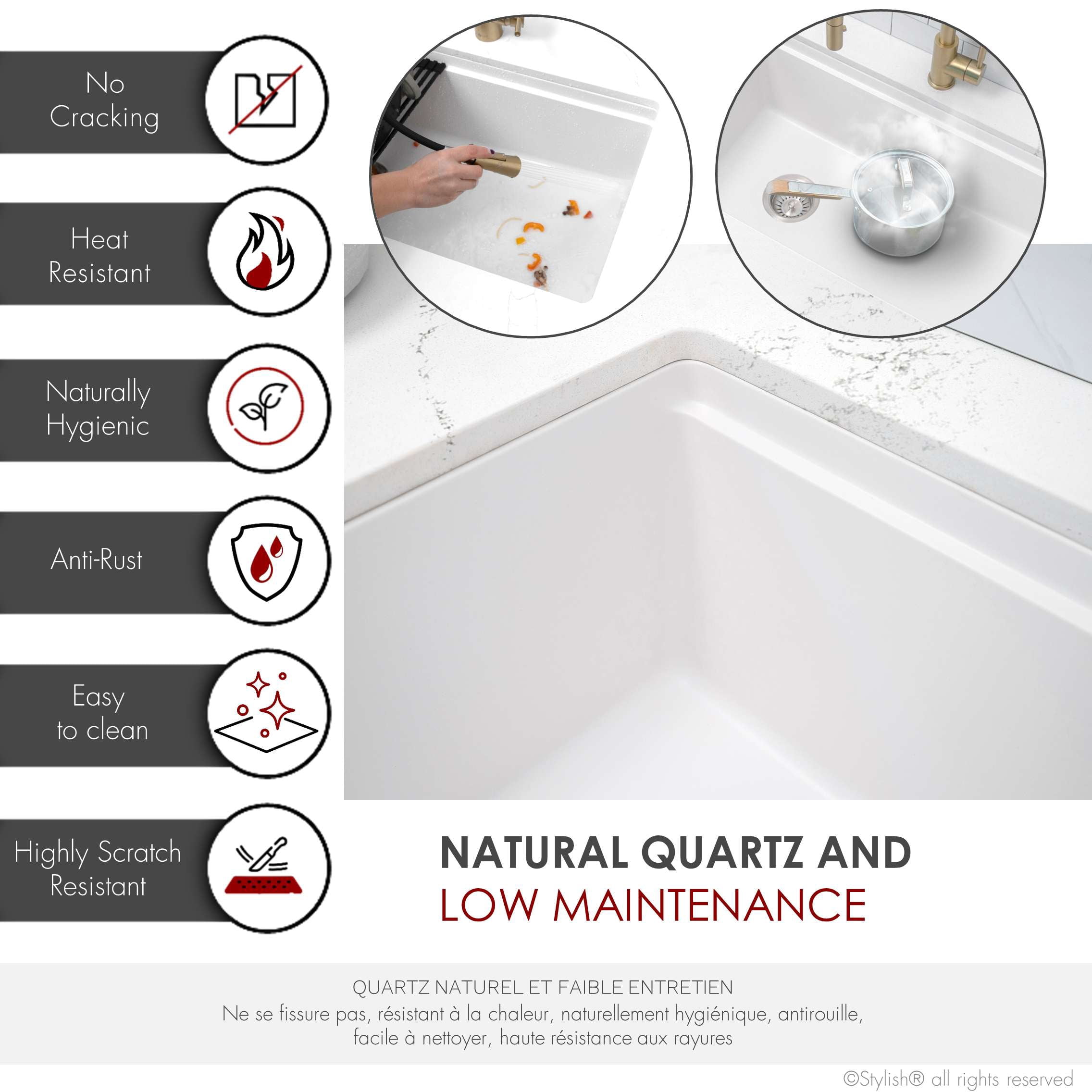 Stylish Dual Mount 28" White Composite Granite Single Bowl Kitchen Sink with 4 accs S-828WH