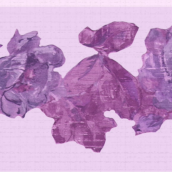 Dundee Deco's Peel and Stick Wallpaper Border - Floral Purple Pink Flowers Leaves Wall Border Retro Design, 15 ft x 7 in (4.57m x 17.78cm), Self Adhesive