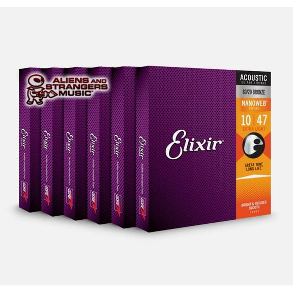 6 Sets! Elixir NANOWEB 80/20 Bronze Acoustic — 11002 Extra Light .010-.047