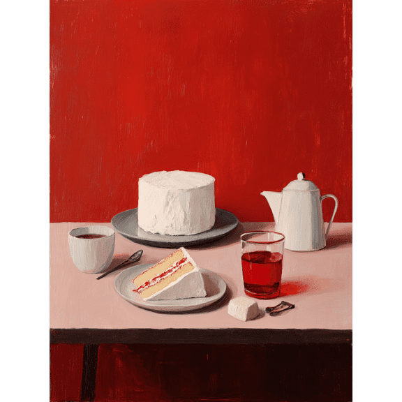 Still Life Cake and Red Tea Canvas Print, Decor for Living Room, Dining Room, Kitchen, Cafe, Restaurant, Bar