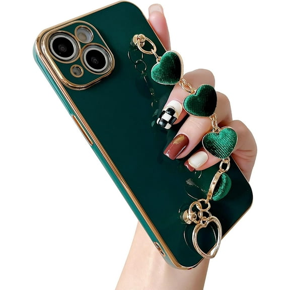 Plating Love Heart Wrist Strap Chain Bracelet Soft Compatible with iPhone Case for Women Girls (Green,iPhone Xs Max)