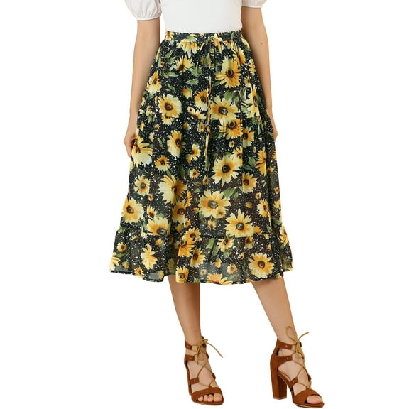 Allegra K Women's Floral Sunflower Midi Tiered Chiffon Swing A-Line Skirt