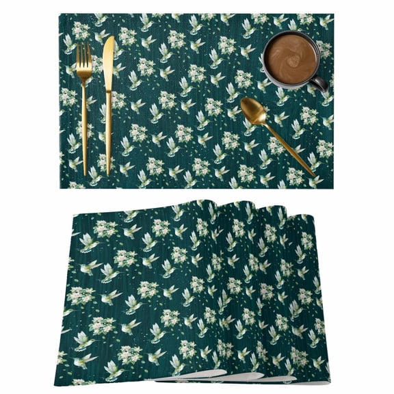 Green Summer Botanical Placemats Set of 12, Spring Floral Birds Farmhouse Placemats for Dining Table, Place Mats for Kitchen Tabletop, Waterproof Wipeable Dining Table Mats Set
