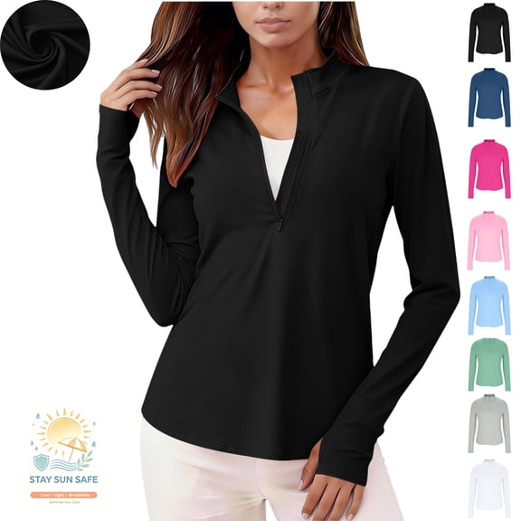 Maqroz UV Shirts for Women Sun Protection UPF 50 1/4 Zip Mock Neck Long Sleeve Athletic Pullover Lightweight Hiking Fishing Tops Gym Workout Flattering Sweatshirt