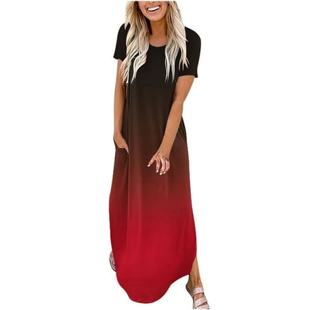 

QIPOPIQ Dresses for Women Deals Women s Maxi Dresses Summer Casual Cross Rounk Neck Short Sleeve Slit Vacation Beach Long Dress
