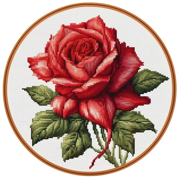 Red Rose Round Shape Stamped Cross Stitch Kits for Beginners Easy with Hoop 11CT Needlepoint Embroidery DIY Counted Cross Stitch Kits Art Craft Wall Decoration 35x35cm(3)