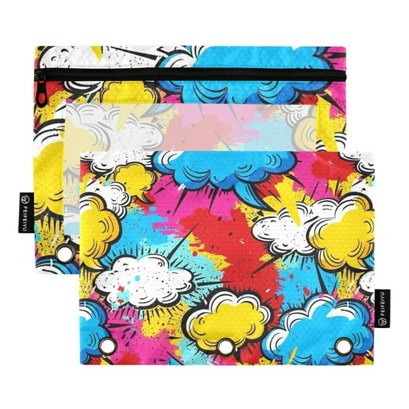 Colorful Clouds Graffiti 2 Pack Pencil Pouch for 3 Ring Binder Smooth Zipper Folders with Pockets Clear Window Pencil Case