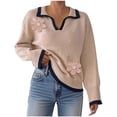thumbnail image 2 of Women's Floral Lapel Contrast Stitch V-Neck Long Sleeve Pullover Knit Sweater, 2 of 9