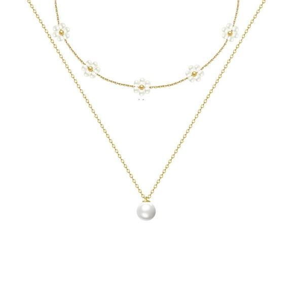 FARONZE Flower Shape Pearl White Necklace Set for Woman, Gold, 2 Pack