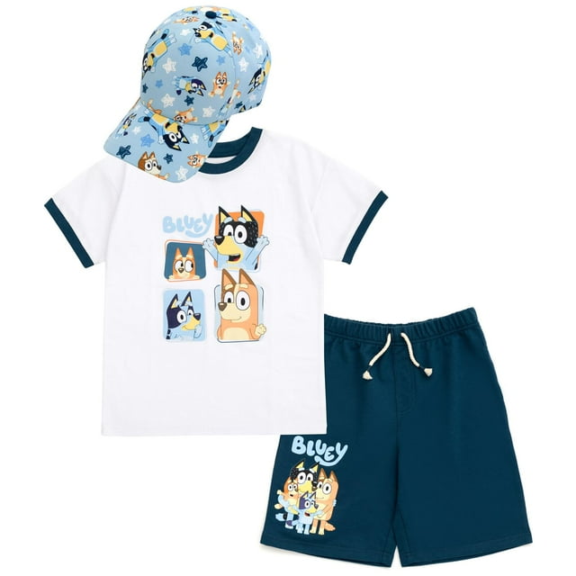 Camiseta Outfit Bluey Family para niños pequeños, pantalones cortos y gorra, 3 piezas