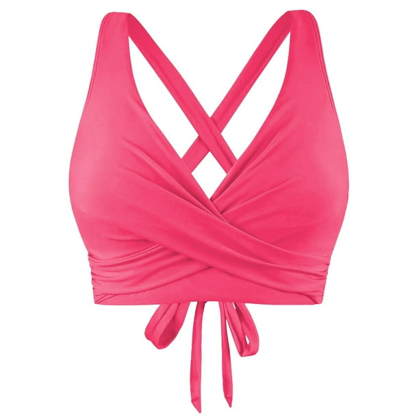 Prolriy - Top de bikini con cordones para mujer, con aros, cobertura completa, push up, top corto con lazo en la espalda, sujetador de baño, color rosa, talla XL