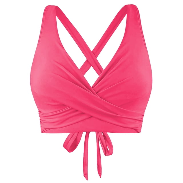 Prolriy - Top de bikini con cordones para mujer, con aros, cobertura completa, push up, top corto con lazo en la espalda, sujetador de baño, color rosa, talla XL