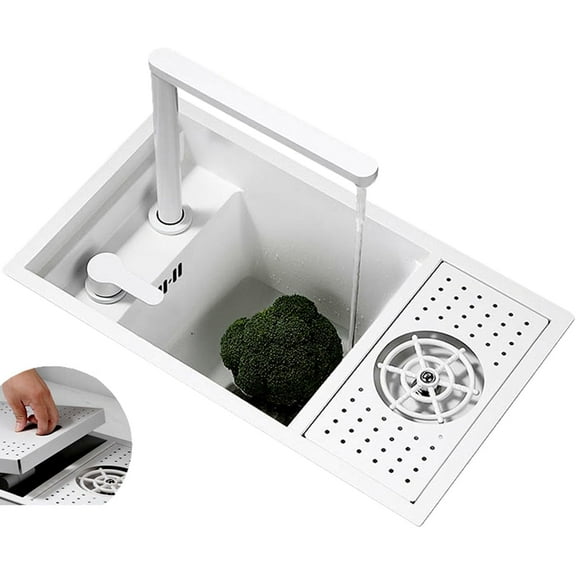 Nano White Hidden Mini Bar/Cafe/RV/balcony Sink with Up and Down Faucet and Glass Rinser Set 23 Inch