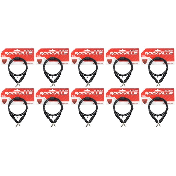 10 Rockville RCTR103B Black 3' 1/4'' TRS to 1/4'' TRS Cable 100% Copper