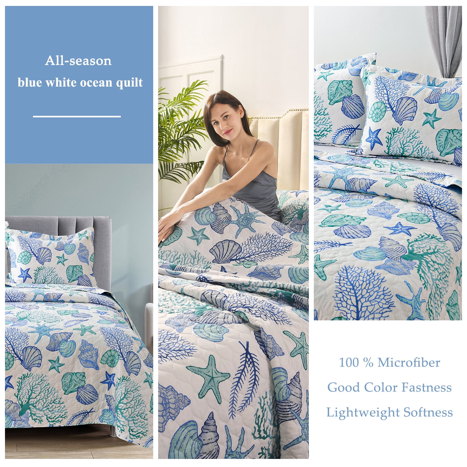 Beartech Ocean Quilt Twin Size Coastal Blue Bedspread Microfiber Cabin Bedding Set