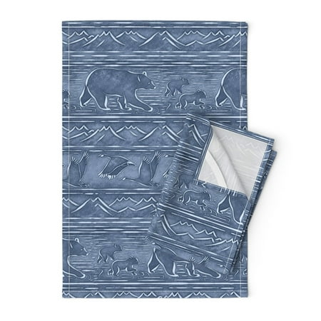 

Printed Tea Towel Linen Cotton Canvas - Adventure Block Print Indigo Wild Animals Canada Print Decorative Kitchen Towel by Spoonflower
