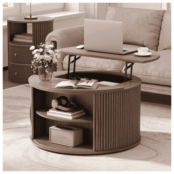 JOINICE Round Coffee Table with Lift Top,Mid Century Modern Wood Center Table with Storage,for Living Room,Walnut
