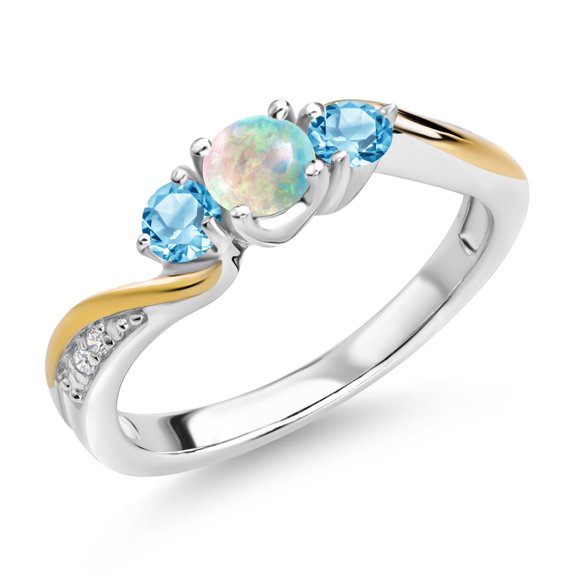 Gem Stone King 925 Silver and 10K Yellow Gold White Simulated Opal Swiss Blue Topaz and White Lab Grown Diamond 3 Stone Engagement Ring for Women (0.58 Cttw, October Birthstone, Size 6)