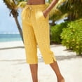 thumbnail image 6 of Gingham Capris for Women Petite Linen Cropped Pant Lightweight Dressy Casual Wide Leg Elastic Waist Summer Pull on Ladies Palazzo Capri Trouser with Pockets Yellow 2XL, 6 of 6