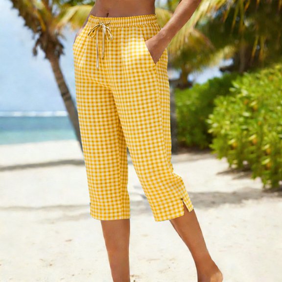 Women Capri Pants Casual Side Slit Straight Leg Elastic Waist Pant Plaid Drawstring Cropped Trousers with Pockets Yellow L