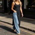 thumbnail image 4 of Women's Crew Neck Sleeveless Long Tank Top Solid Color Asymmetric Slit Hem Slim Fit Casual Summer Cami Vest Black, 4 of 7