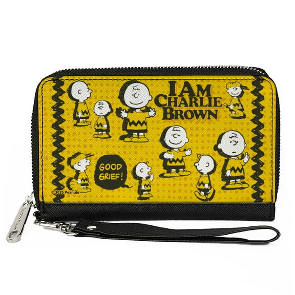 Peanuts Wallet, Zip Around, Peanuts I Am Charlie Brown Poses and Zig Zag Stripe Yellows, Vegan Leather