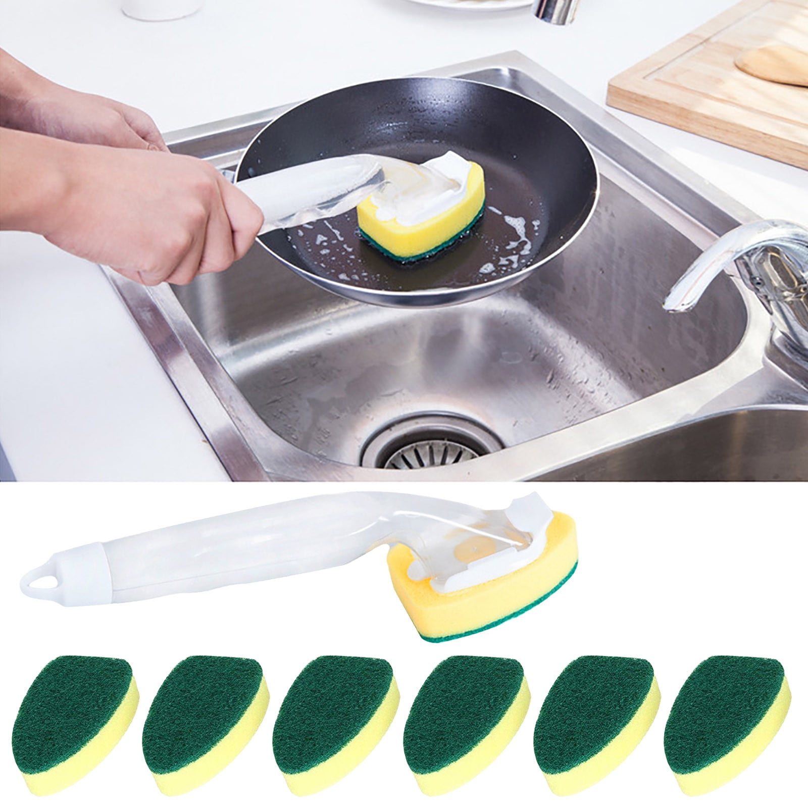 4 Packs Long Handle Detachable Pot Brush with 6 Sponge Heads Kitchen Cleaning Brush for Stainless Steel Cookware Non Stick Oil Removable Dishwashing Brush Set