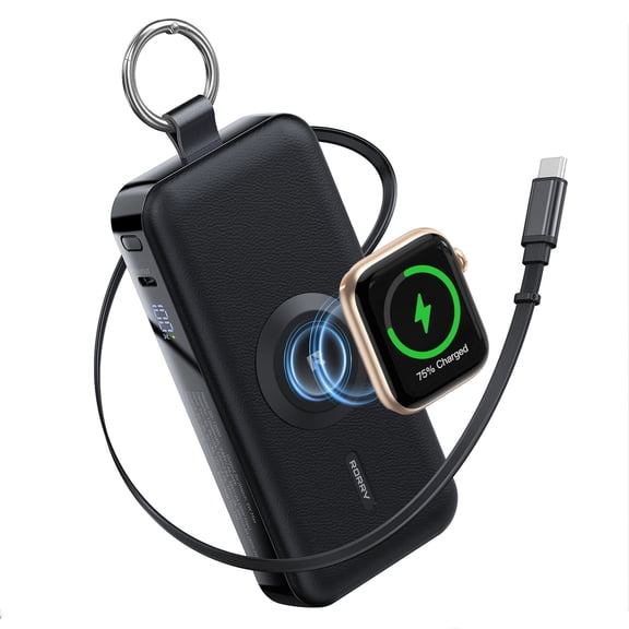 RORRY 12000mAh Portable Charger with USB-C Retractable Cable, Apple Watch Charger, 30W Fast Charging Power Bank for iPhone 17/16/15, Samsung Galaxy, Pixel-Black