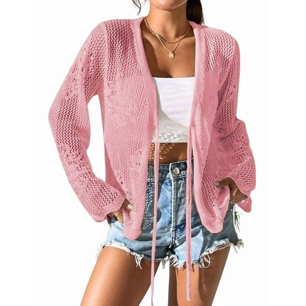 Cárdigan Informal de Playa para Mujer, de Larga, con Aberturas y Lazo Frontal de Crochet. Rosa L