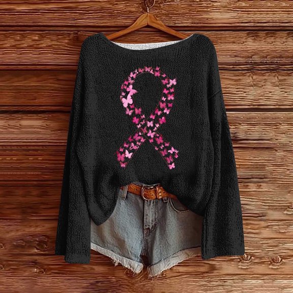 Ounisa Breast Cancer Crewneck Sweaters for Women Fall Vintage Knit Tops Hippie Cozy Oversized Pullover Pink Ribbon Sweatshirt Cancer Fight Awareness Shirt Casual Long Sleeve Tops