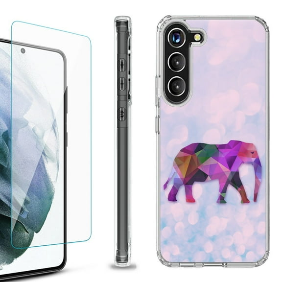 OneToughShield ® for Samsung Galaxy S23  S23 Plus 5G Shockproof Bumper Phone Case, with Tempered Glass Screen Protector - Elephant /Polygon