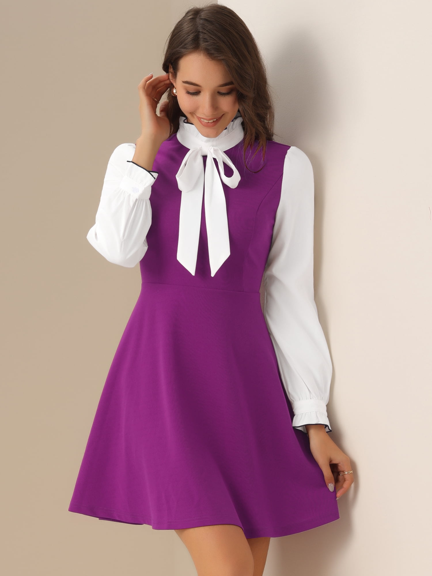 DARING DIVA Contrast Tie Neck Long Sleeve Elegant A-Line Dress M Purple