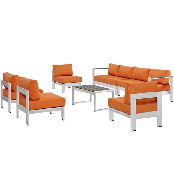 Modern Contemporary Urban Design Outdoor Patio Balcony Seven PCS Sectional Sofa Set, Orange, Aluminum
