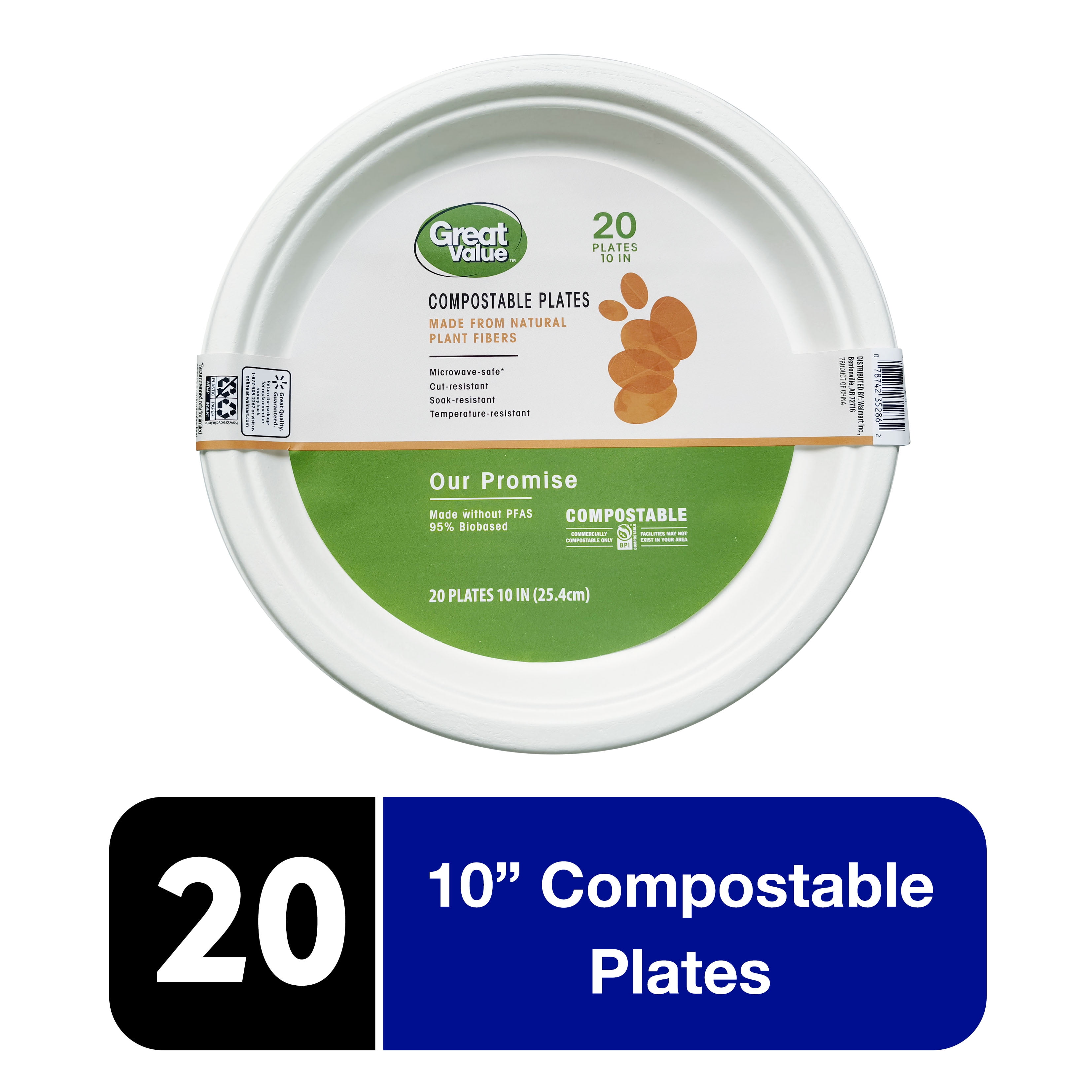Great Value Disposable Compostable Plates, 10 in, 20 count