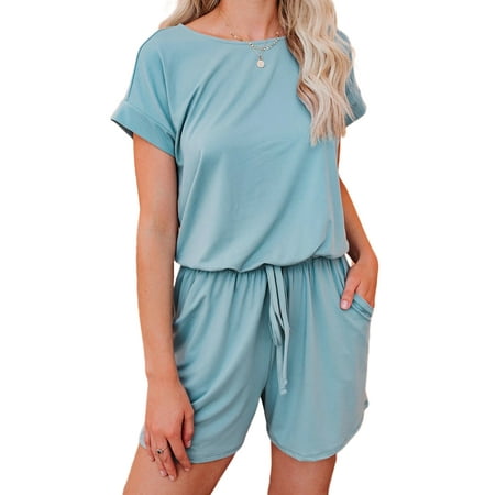

Yejaeka Women Summer Crewneck Jumpsuit Short Sleeve Jumpsuit Rompers One Piece Pajamas