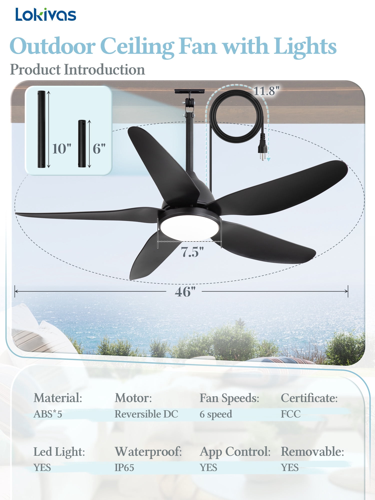 Lokivas 46" Black Waterproof Outdoor Gazebo Ceiling Fan with Light, Quiet 6-Speed DC Motor, IP65 Plug-in Remote Control Hanging Fan for Patio Porch Pergola