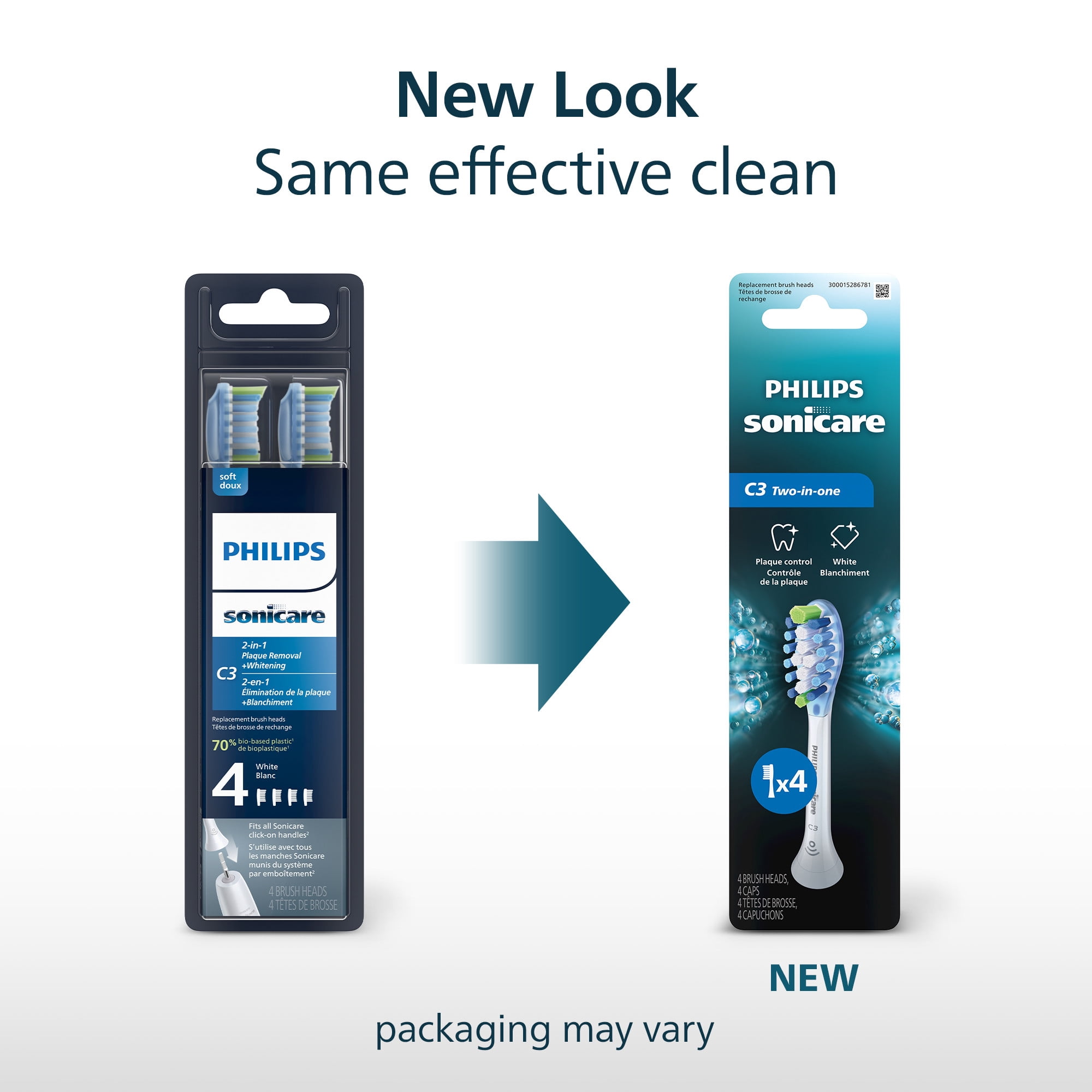 Philips Sonicare C3 Two-In-One - Genuine Replacement Electric Toothbrush Heads, White, 4 Pack One Year Supply, HX9044/65