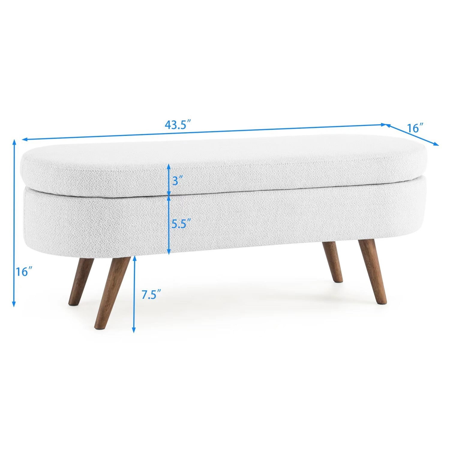 44" Oval Storage Ottoman Bench with Hidden Storage, Upholstered Fabric Ottoman Bench with Rubber Wood Legs for Bedroom, Entryway, Living Room, White