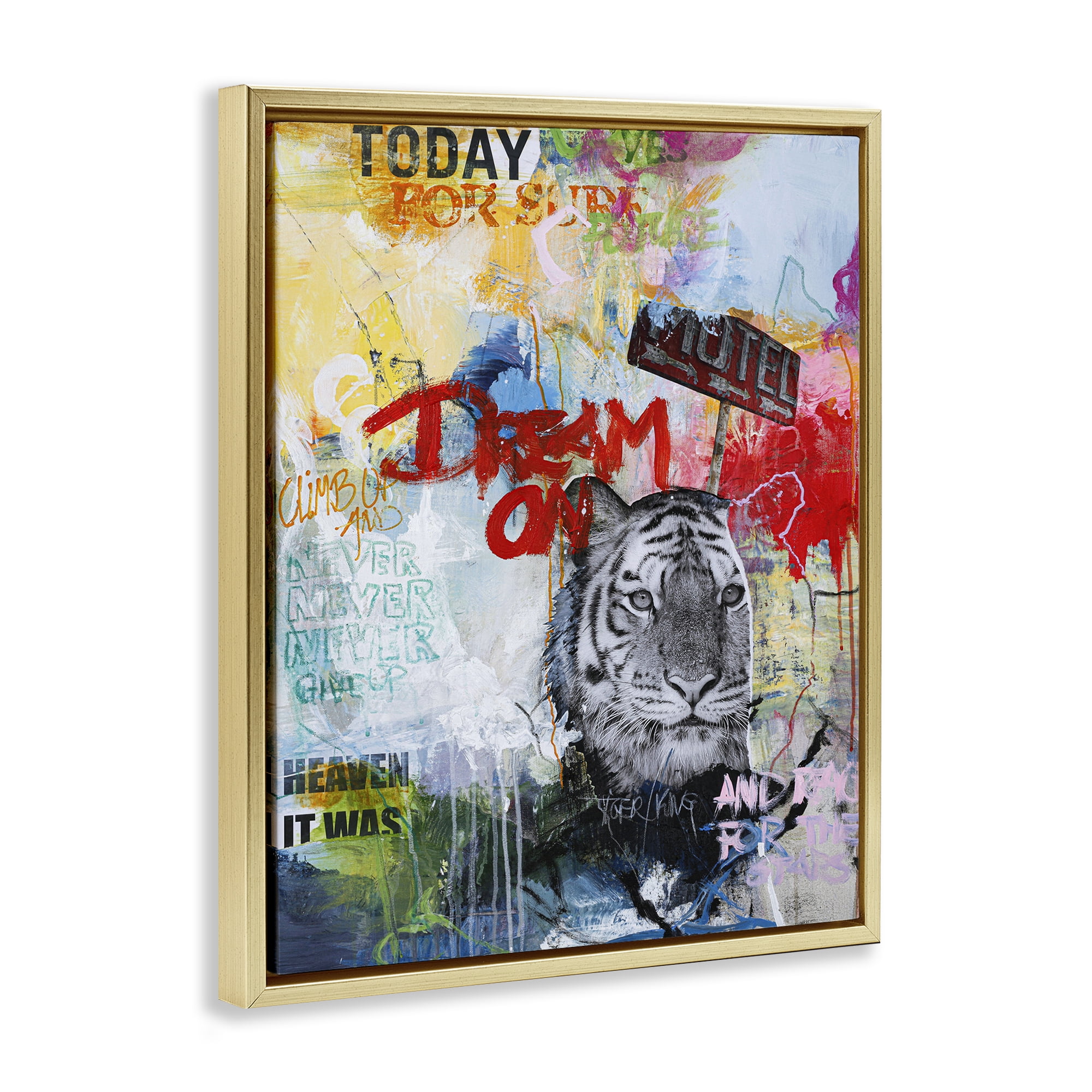 Stupell Industries Inspiring Graffiti & Tiger Abstract Painting Gold Floater Framed Canvas Art Print Wall Art, 17 x 21