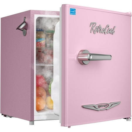 Upstreman 1.7 Cu.Ft Retro Mini Fridge, Low Noise, Energy Saving, Adjustable Thermostat, Single Door, Side Bottle Opener, Metal Handle, Compact Refrigerator for Office, Bedroom, Dorm-FR17 PRO (Pink)